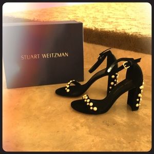 Stuart Weitzman black suede “More Pearls” heels